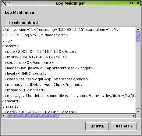 Dialog Ansicht Logmeldungen. (Bitte mit Internet verbinden.)